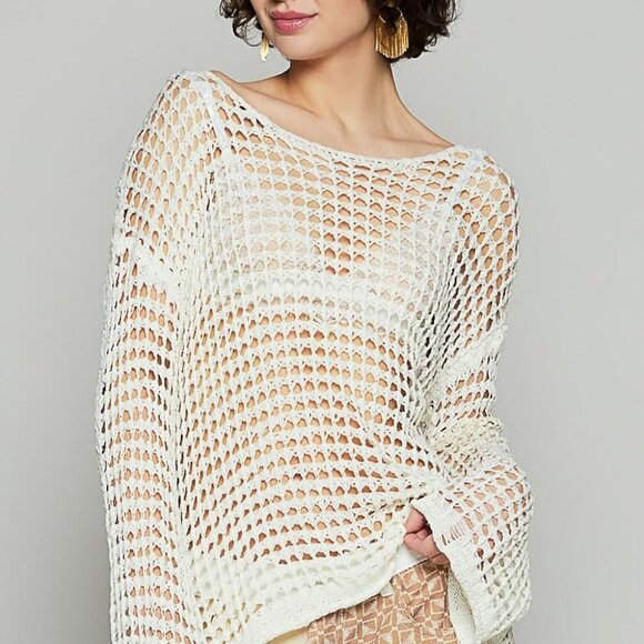 POL Sweaters - POL Women's Top Large Cream Crochet Mesh Knit Boat Neck Bell Sleeve Sweater